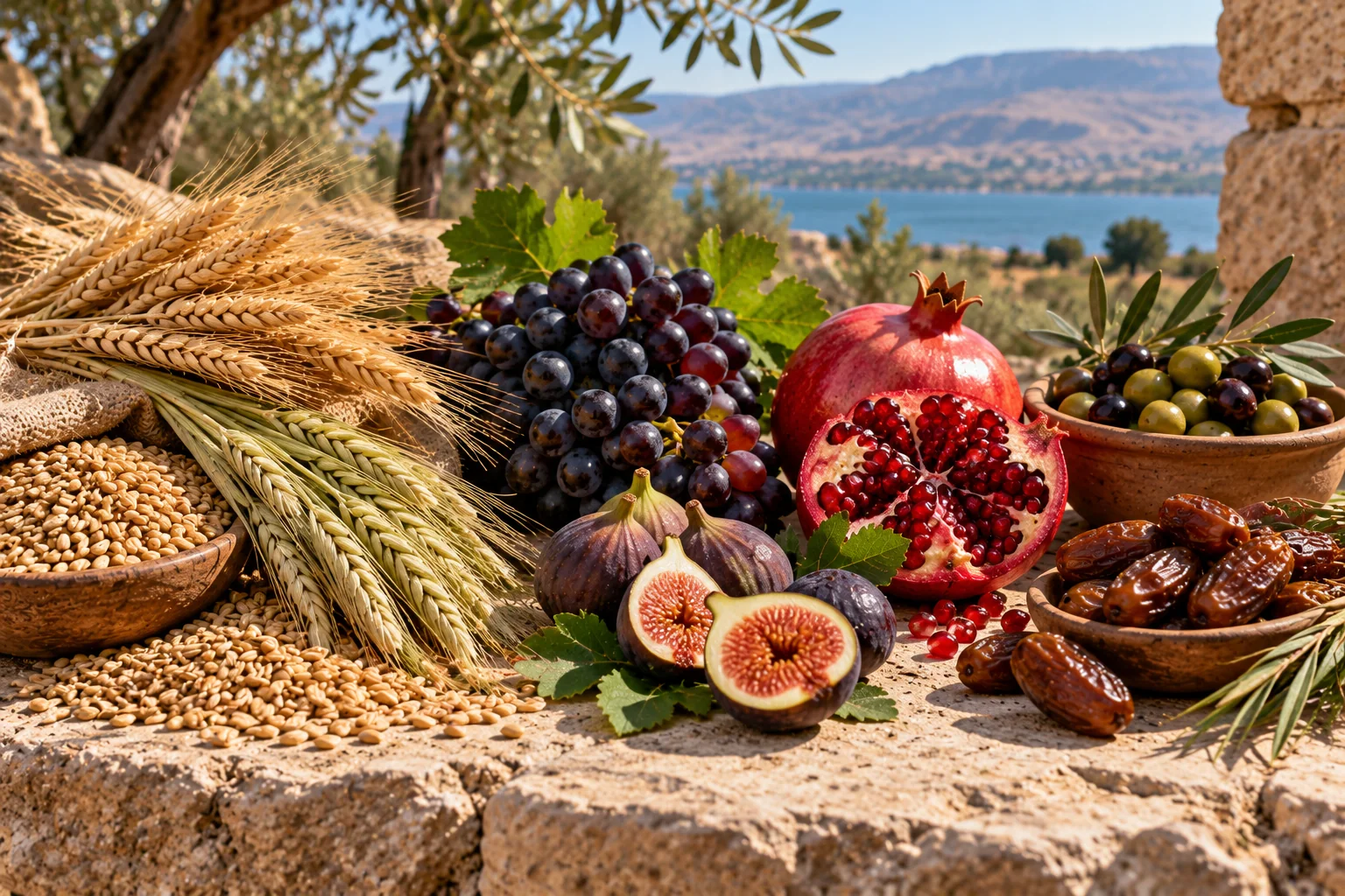 Wheat, grapes, figs, pomegranate, olives and other foods of the biblical landscape