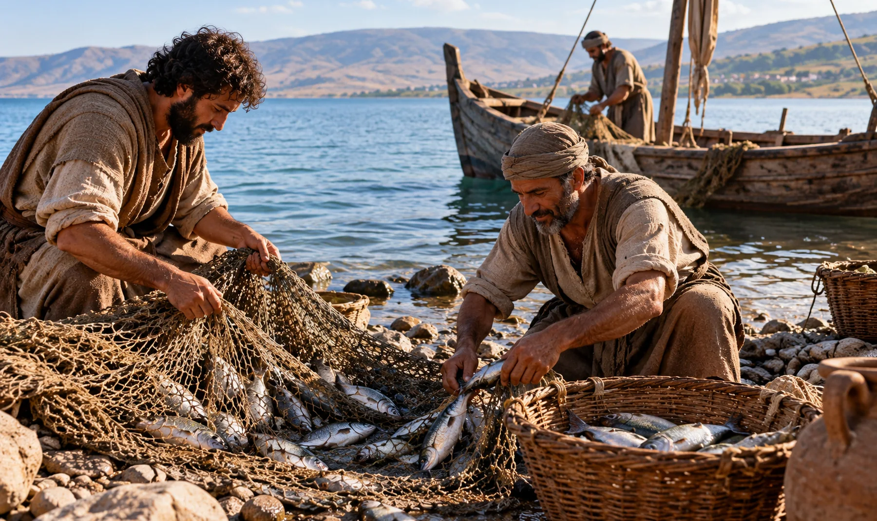 Fishermen working beside the Sea of Galilee